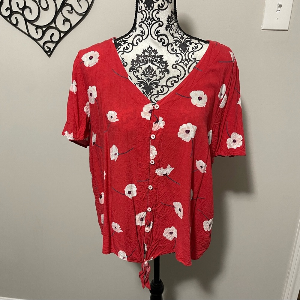 Red (tie in front) Shirt With Pink Flowers